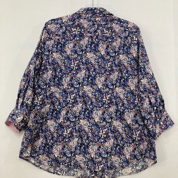 Chaps size 1X Navy Ditsy Floral No Iron 3/4 Sleeve Button Down Preppy Office - Picture 9 of 11